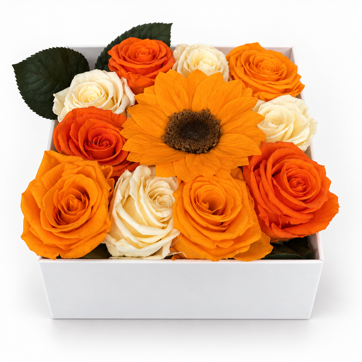 10 Orange & Ivory Preserved Roses with Sunflower