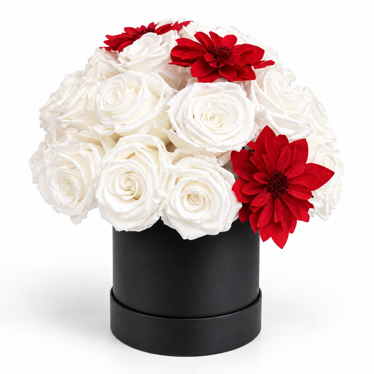 37 White Preserved Roses & 3 Red Dahlias