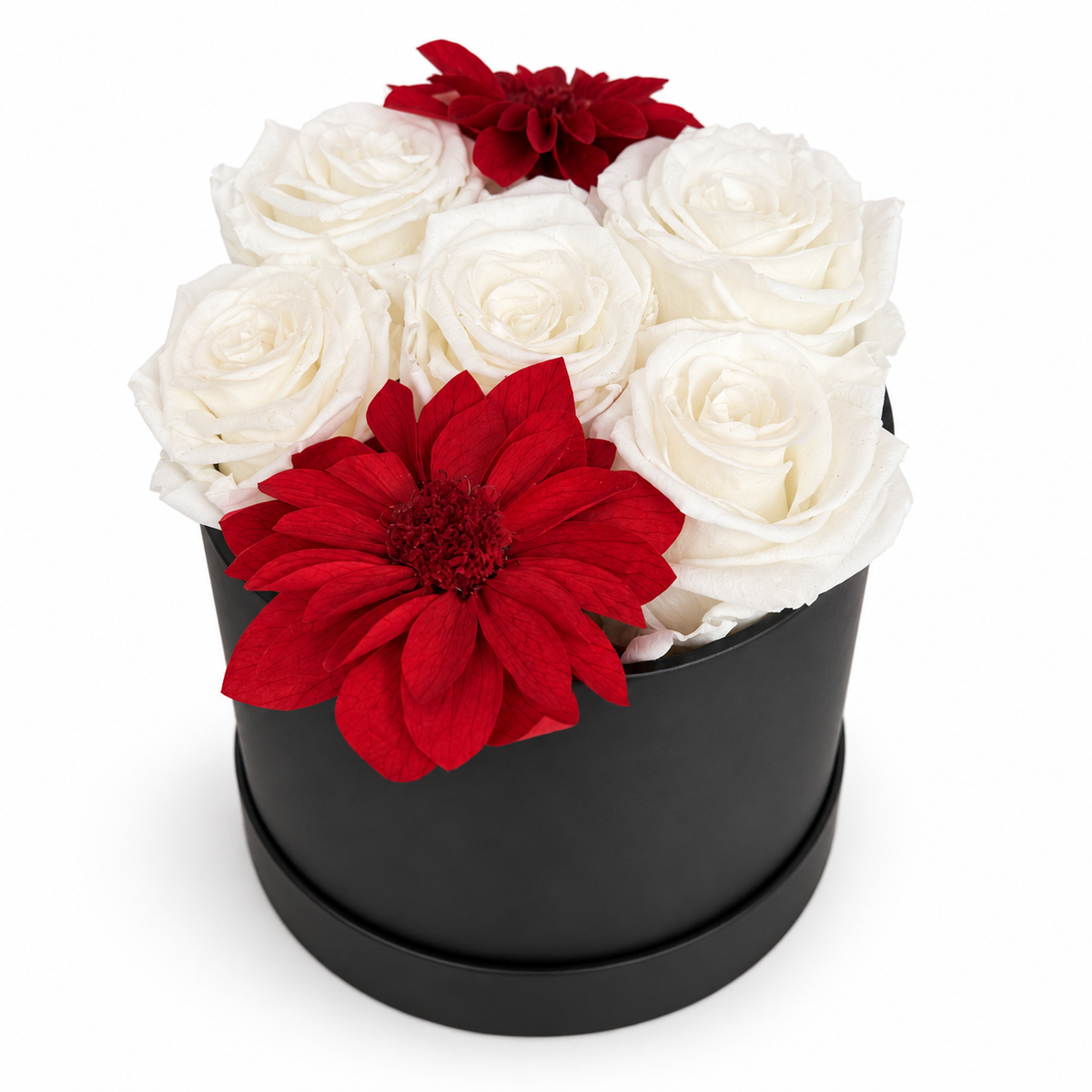 5 White Preserved Roses & Red Dahlias